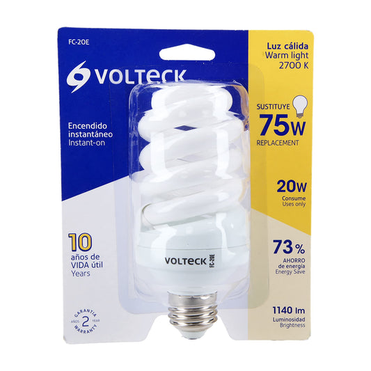 Lámpara espiral T4 20 W luz cálida en blíster, Volteck Caja con 4, 48214