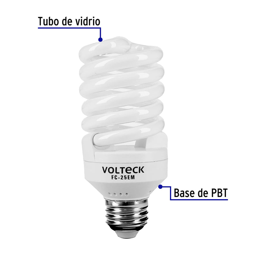 Lámpara espiral mini T2 25 W luz cálida en blíster, Volteck Caja con 4, 48507