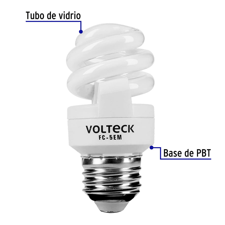 Lámpara espiral mini T2 5 W luz cálida en blíster, Volteck Caja con 4, 48201