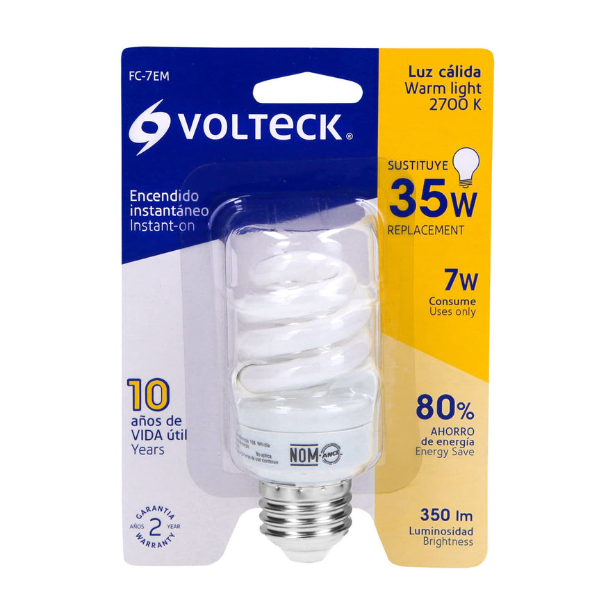 Lámpara espiral mini T2 7 W luz cálida en blíster, Volteck Caja con 4, 48203