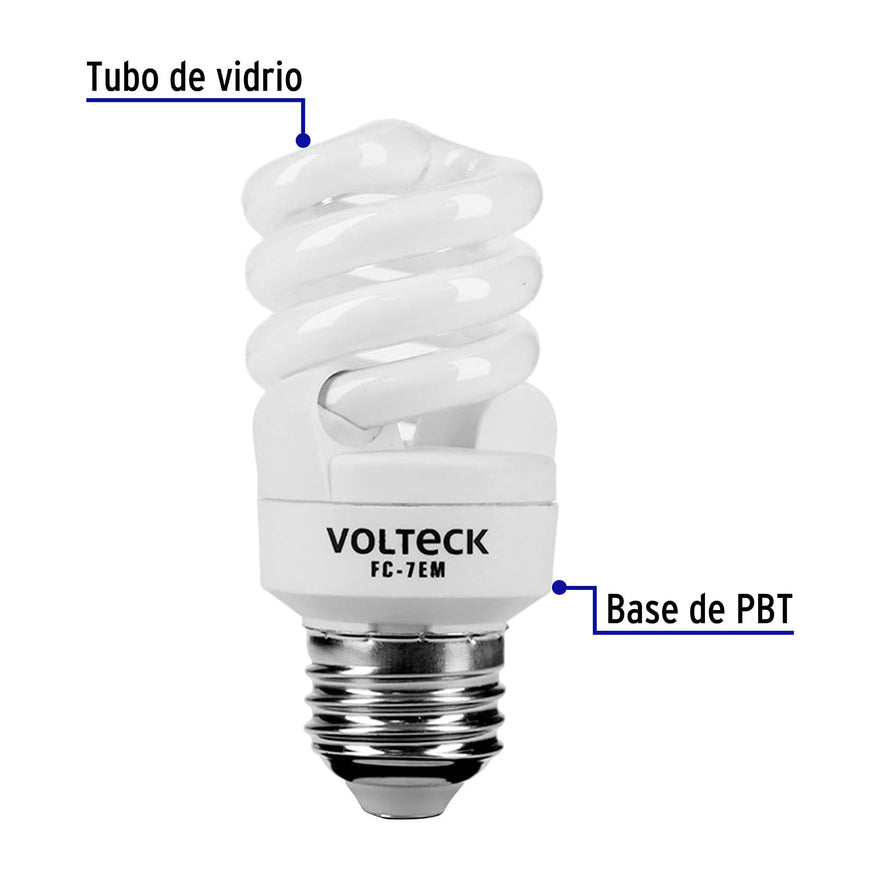 Lámpara espiral mini T2 7 W luz cálida en blíster, Volteck Caja con 4, 48203