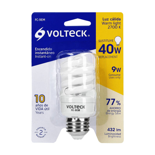 Lámpara espiral mini T2 9 W luz cálida en blíster, Volteck Caja con 4, 48501