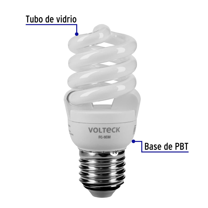 Lámpara espiral mini T2 9 W luz cálida en blíster, Volteck Caja con 4, 48501