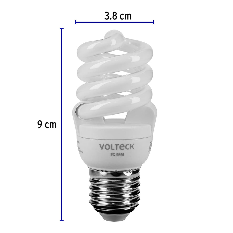Lámpara espiral mini T2 9 W luz cálida en blíster, Volteck Caja con 4, 48501
