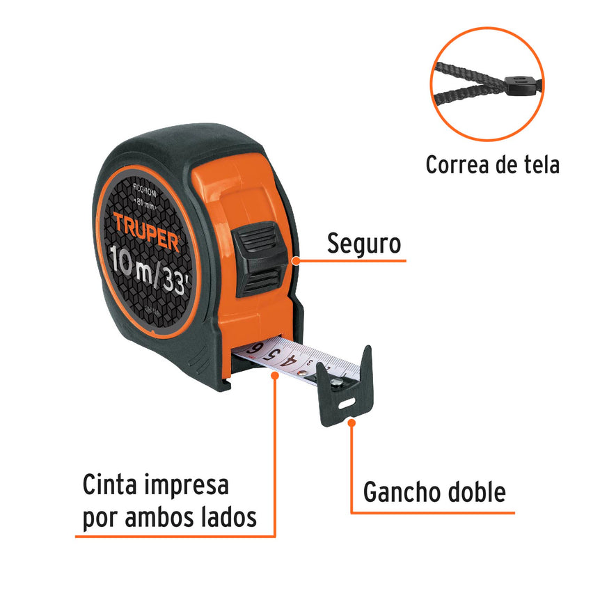 Flexómetro compacto contra impactos 10 m cinta 25 mm, TRUPER Caja con 3, 102332
