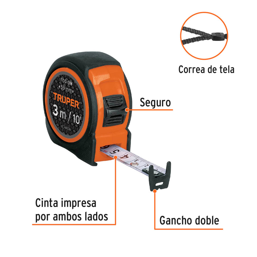 Flexómetro compacto contra impactos 3 m cinta 16 mm, TRUPER Caja con 6, 12771