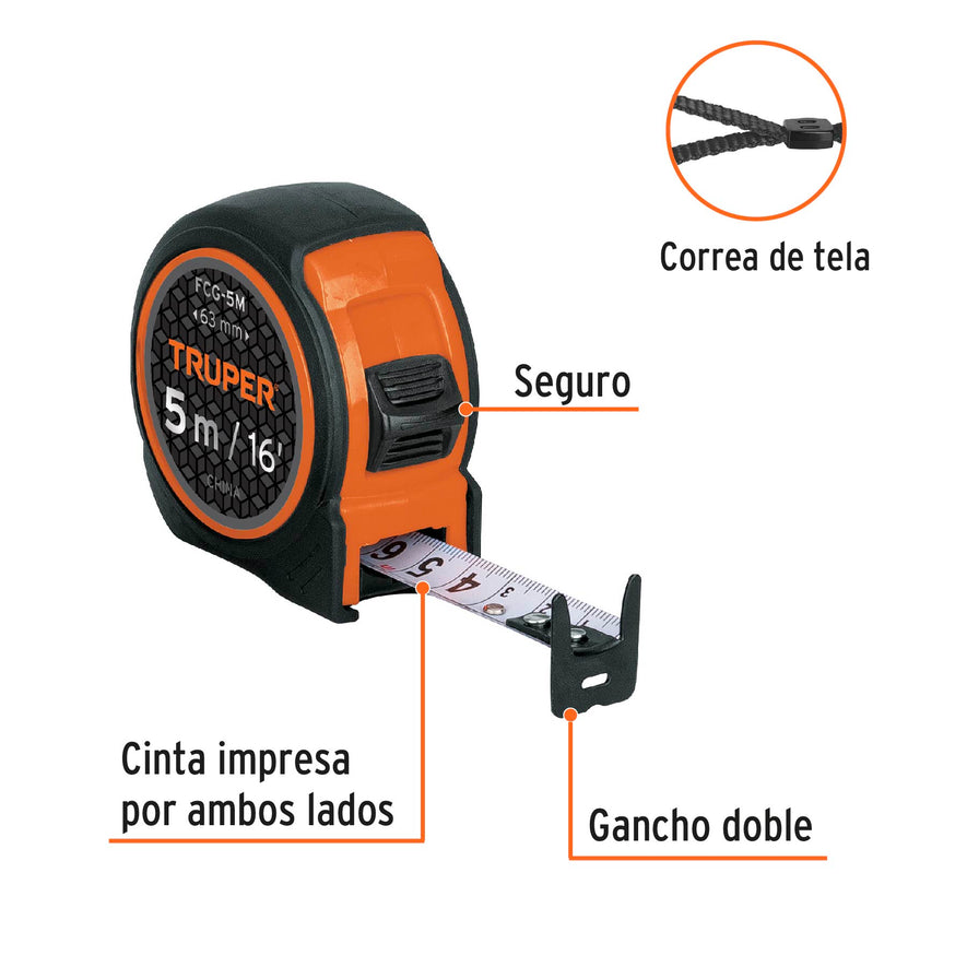 Flexómetro compacto contra impactos 5 m cinta 19 mm, TRUPER Caja con 6, 12772