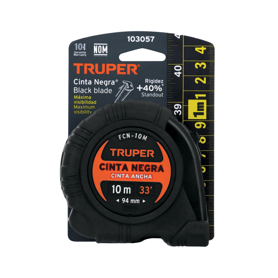 Flexómetro contra impactos 10 m, Cinta Negra 32 mm, Truper Caja con 3, 103057