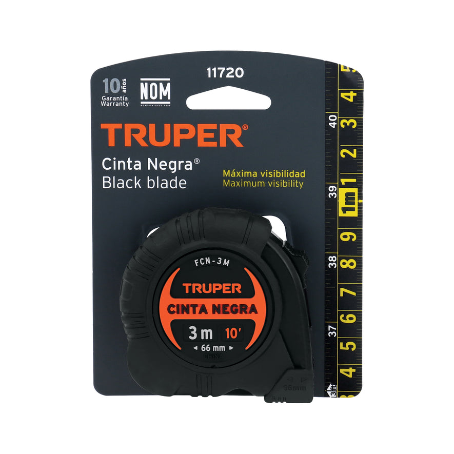 Flexómetro contra impactos 3 m, Cinta Negra 13 mm, Truper Caja con 6, 11720