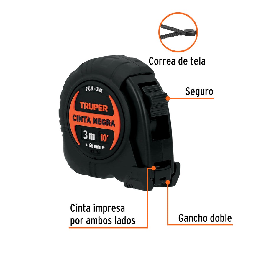 Flexómetro contra impactos 3 m, Cinta Negra 13 mm, Truper Caja con 6, 11720
