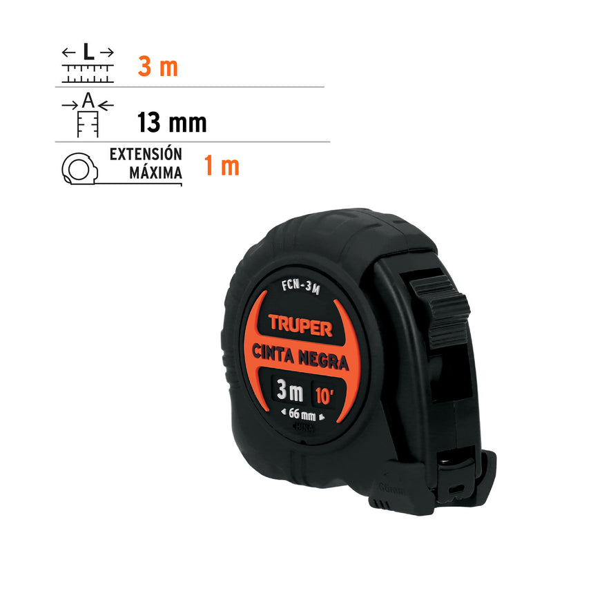 Flexómetro contra impactos 3 m, Cinta Negra 13 mm, Truper Caja con 6, 11720