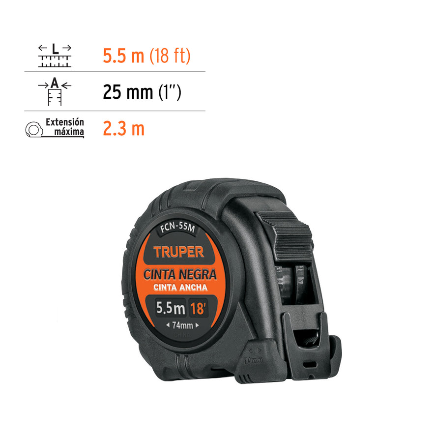 Flexómetro contra impactos 5.5 m, Cinta Negra 25 mm, Truper Caja con 6, 11745