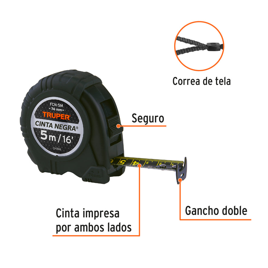 Flexómetro contra impactos 5 m, Cinta Negra 19 mm, Truper Caja con 6, 102598