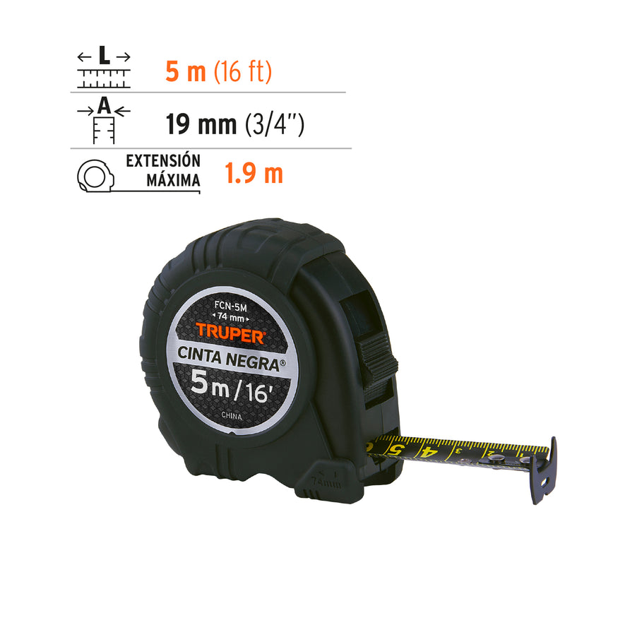 Flexómetro contra impactos 5 m, Cinta Negra 19 mm, Truper Caja con 6, 102598