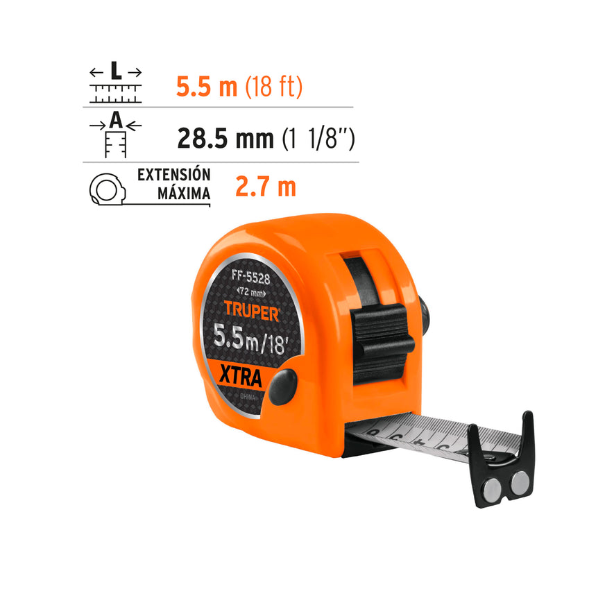 Flexómetro XTRA 5.5 m cinta extra ancha 28 mm, Truper Caja con 6, 15385