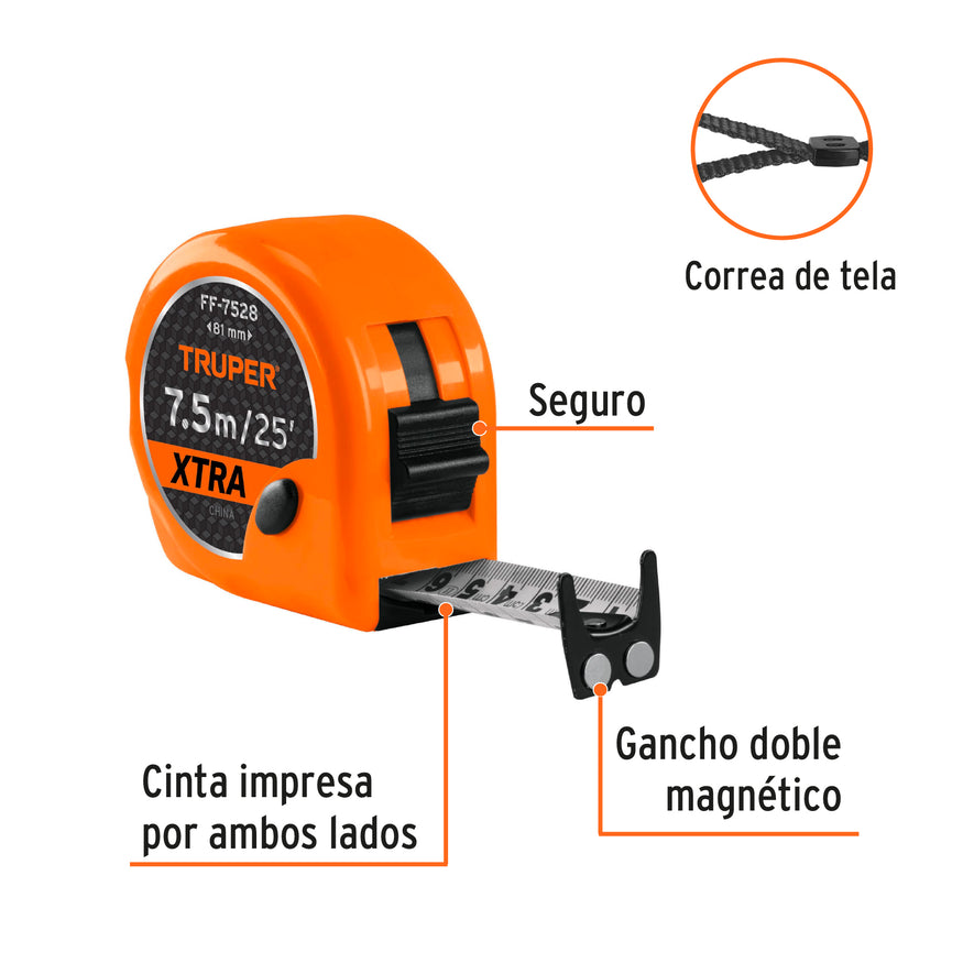 Flexómetro XTRA 7.5 m cinta extra ancha 28 mm, Truper Caja con 3, 15025