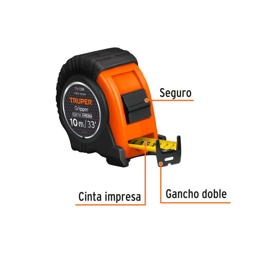 Flexómetro Gripper contra impactos 10 m cinta 32 mm, Truper Caja con 3, 14582