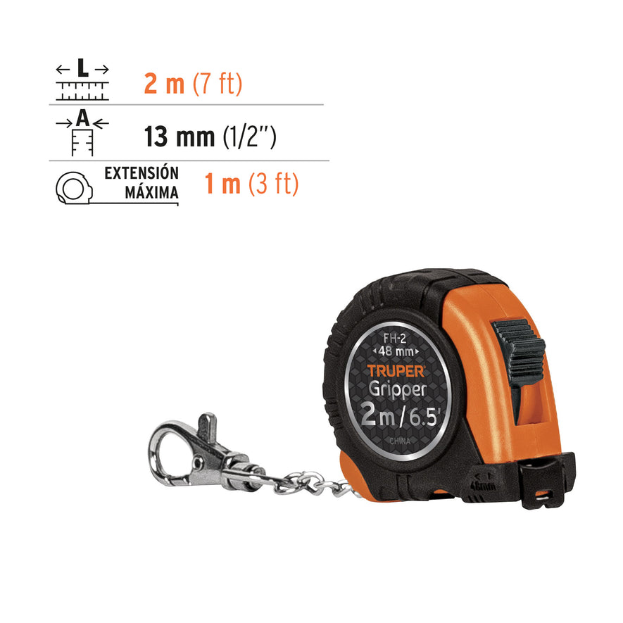 Flexómetro Gripper de 2 m tipo llavero, cinta 13 mm, Truper Caja con 6, 14602