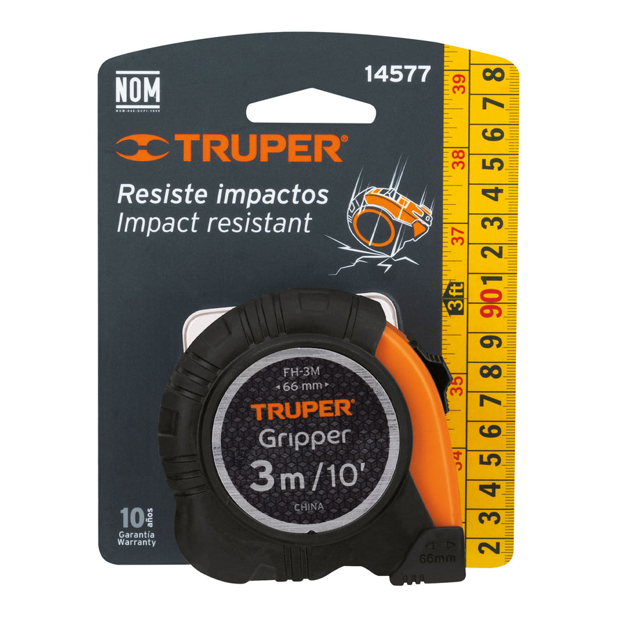 Flexómetro Gripper contra impactos 3 m cinta 13 mm, Truper Caja con 6, 14577
