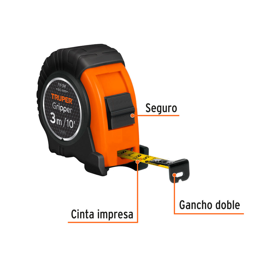 Flexómetro Gripper contra impactos 3 m cinta 13 mm, Truper Caja con 6, 14577