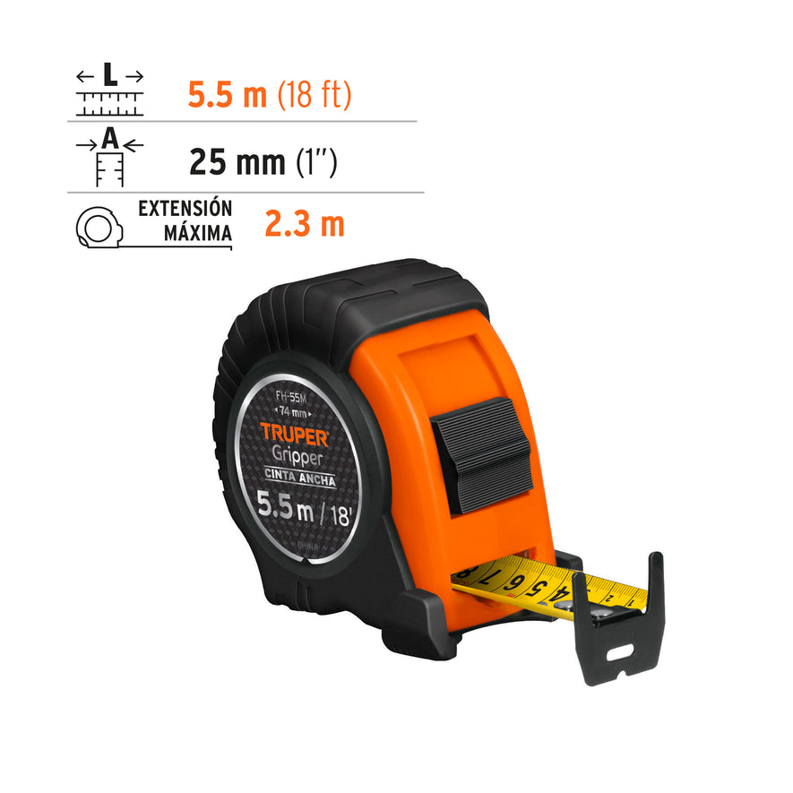 Flexómetro Gripper contra impactos 5.5 m cinta 25 mm, Truper Caja con 6, 14613