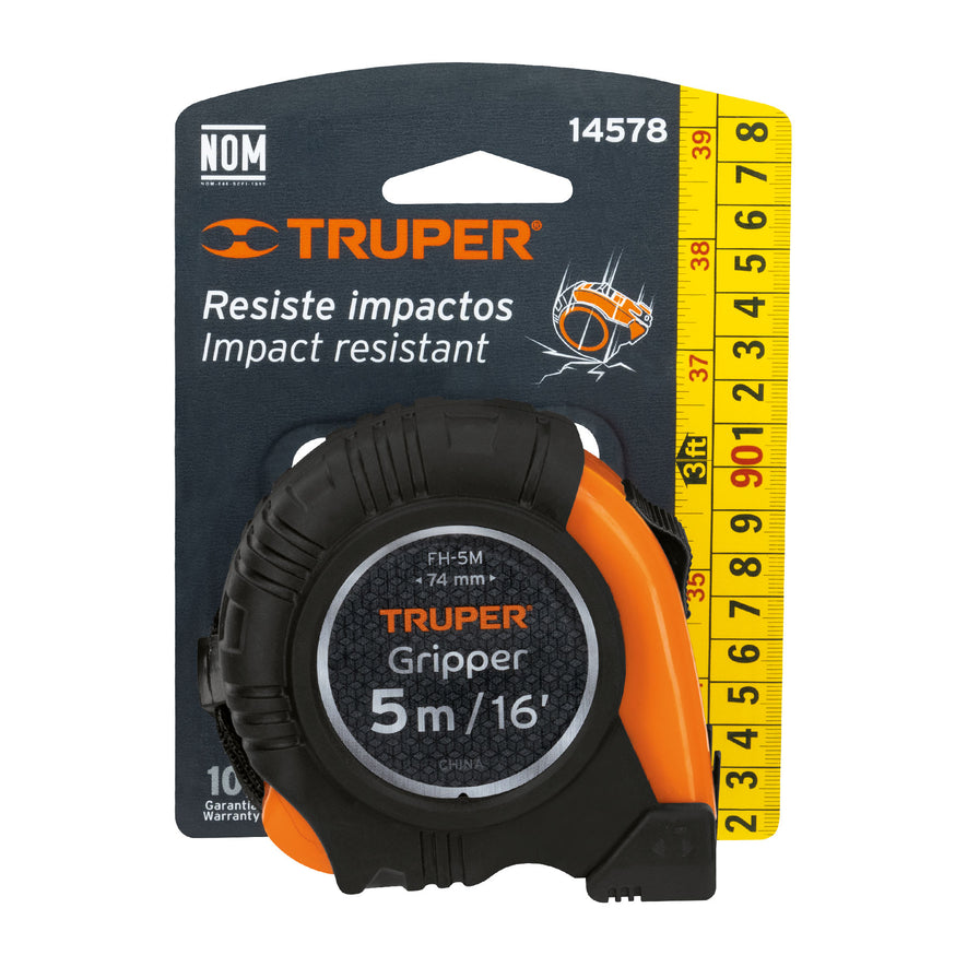 Flexómetro Gripper contra impactos 5 m cinta 19 mm, Truper Caja con 6, 14578