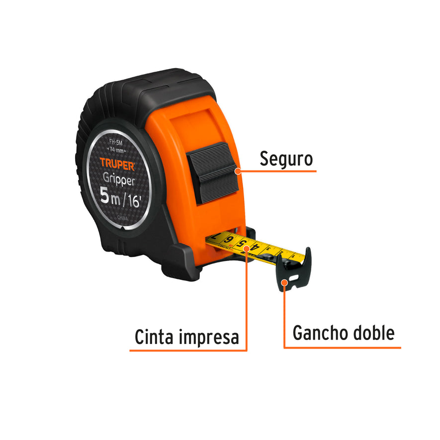 Flexómetro Gripper contra impactos 5 m cinta 19 mm, Truper Caja con 6, 14578