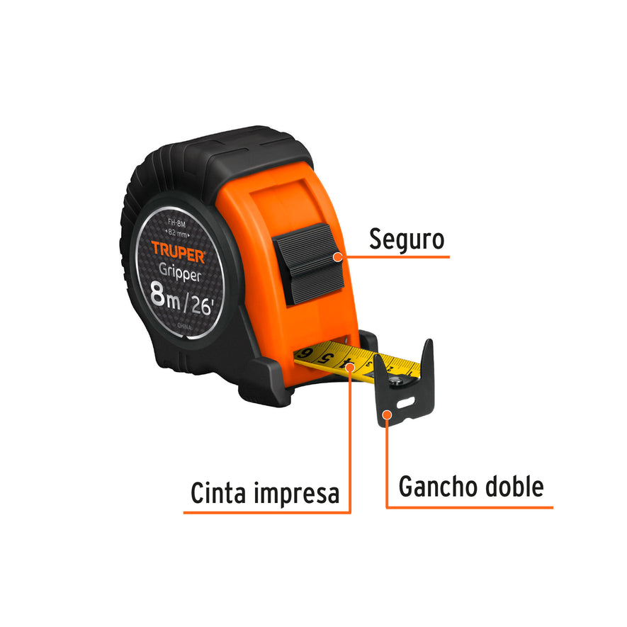 Flexómetro Gripper contra impactos 8 m cinta 25 mm, Truper Caja con 3, 14579