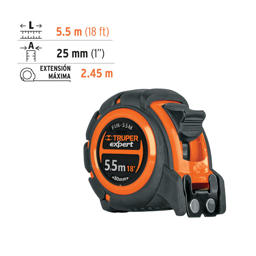 Flexómetro industrial contra impactos 5.5 m cinta 25 mm Caja con 6, 12695