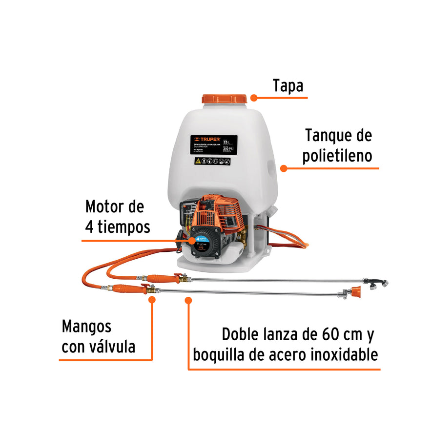 Fumigador de 25 L con motor a gasolina de 4 tiempos, Truper, 101569