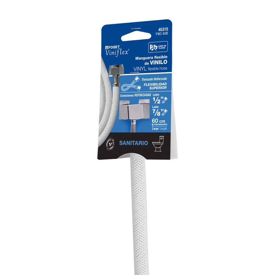 Manguera p/WC, vinilo blanco, 1/2' x 7/8', 60 cm Caja con 6, 45315