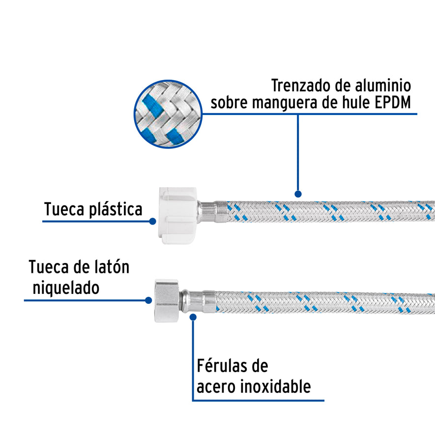 Manguera p/WC, aluminio, 1/2' x 7/8', 50 cm, plástico/latón Caja con 6, 46589