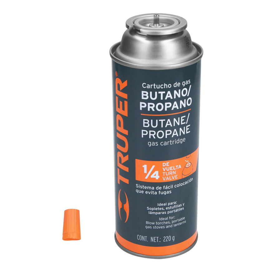 Lata de gas de 220g con válvula de 1/4 de vuelta, TRUPER Caja con 12, 11920