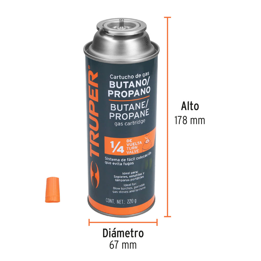 Lata de gas de 220g con válvula de 1/4 de vuelta, TRUPER Caja con 12, 11920