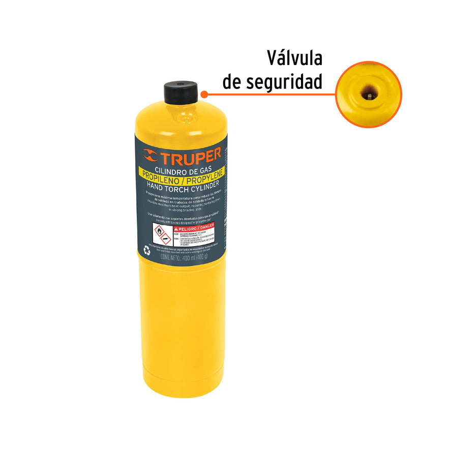 Cilindro de gas propileno de 400g, amarillo, TRUPER Caja con 4, 11914