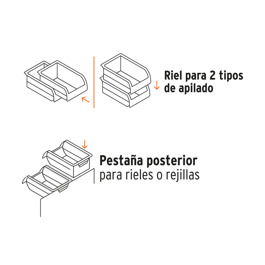 Gaveta apilable #2 de plástico, 17 x 11 x 8 cm, TRUPER Caja con 6, 10889