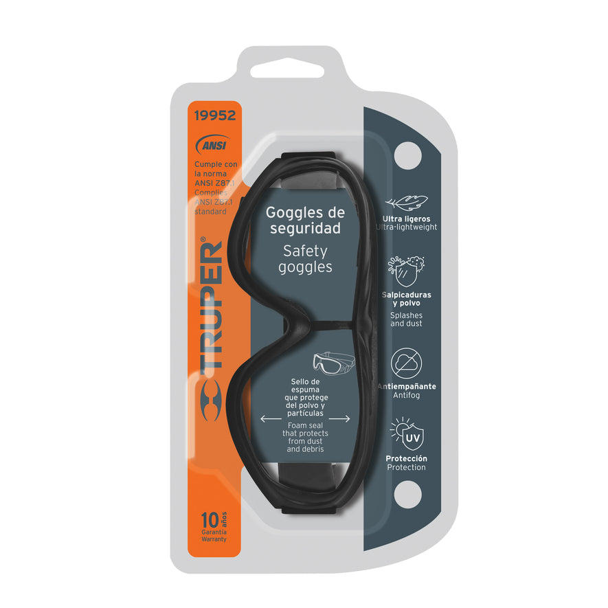 Goggles de seguridad ultra ligeros, antiempaño, Truper Caja con 3, 19952