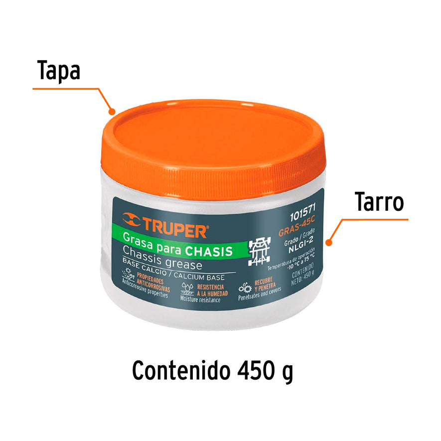 Grasa lubricante para chasis, base calcio, 450 g, Truper Caja con 4, 101571