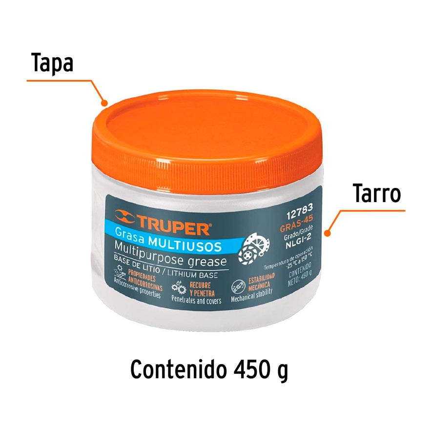 Grasa lubricante multiusos, base litio, 450 g, Truper Caja con 4, 12783