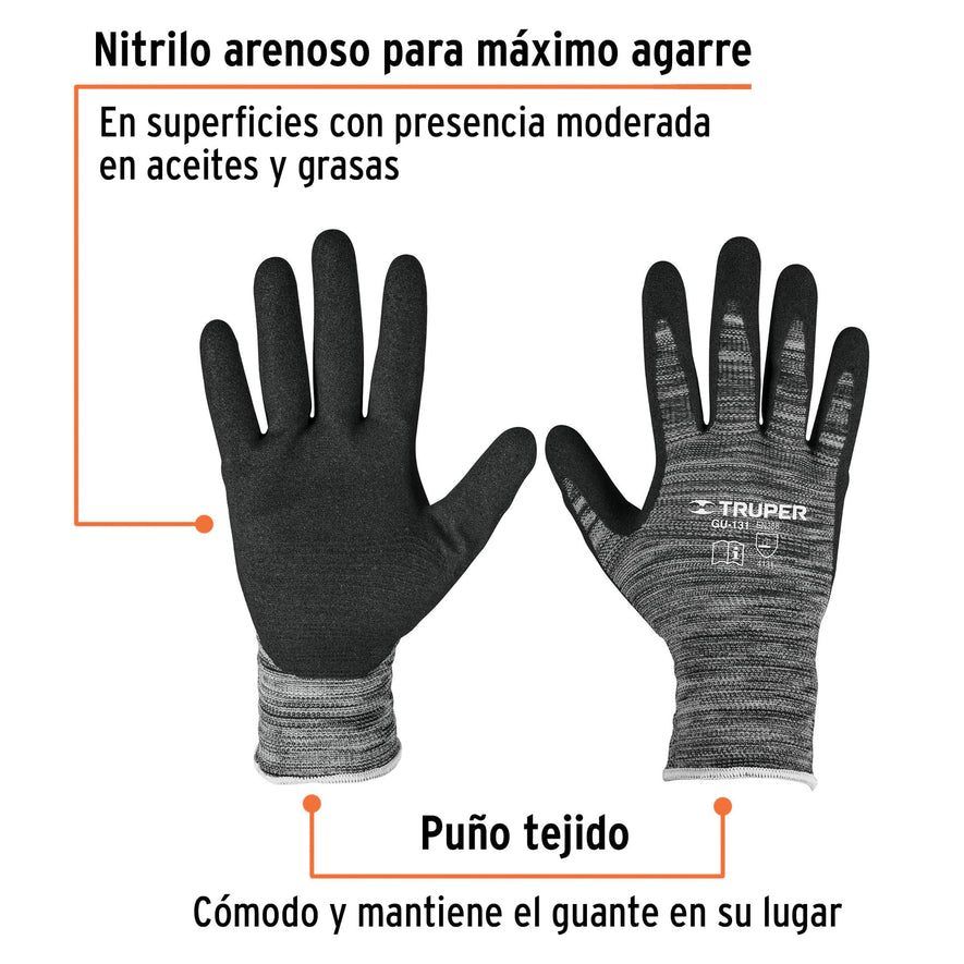 Guantes de nylon recubiertos de nitrilo arenoso, CH, TRUPER Caja con 6, 17063