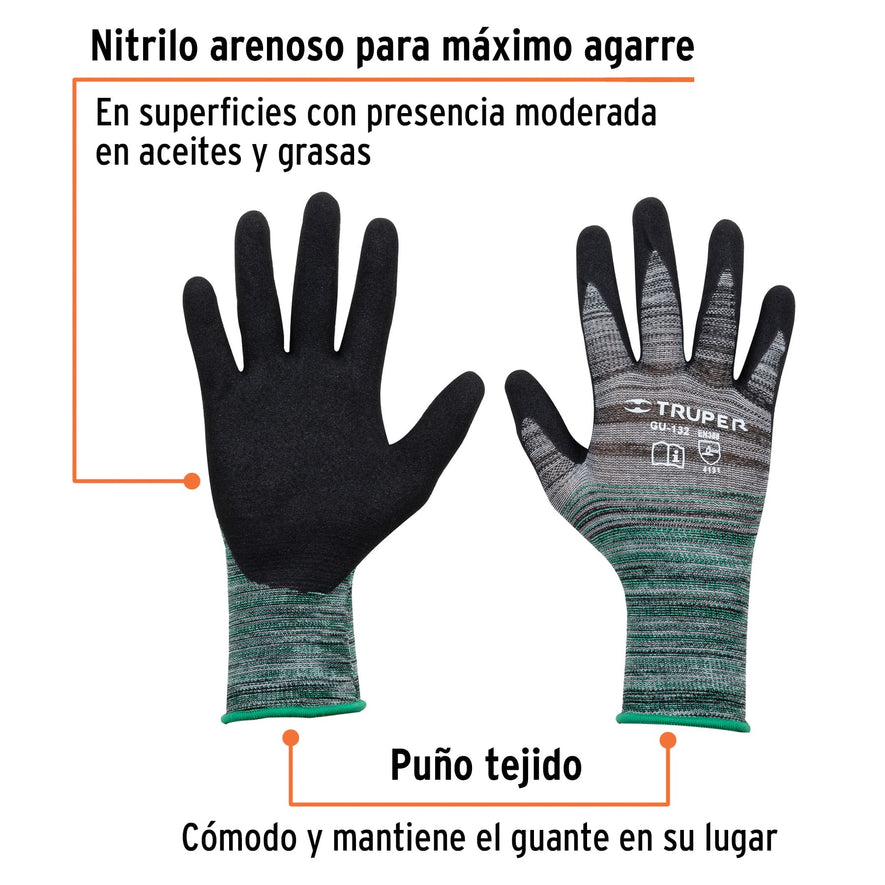 Guantes de nylon recubiertos de nitrilo arenoso, M, TRUPER Caja con 6, 17064