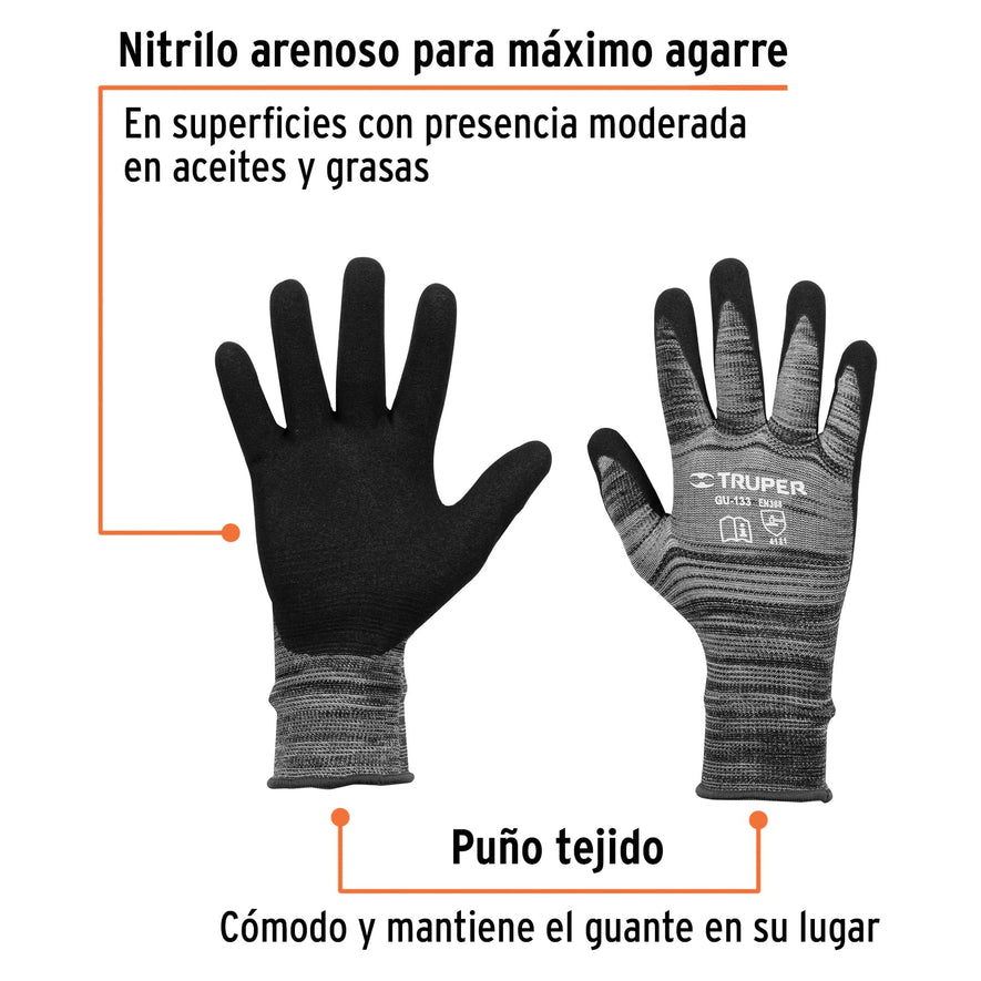 Guantes de nylon recubiertos de nitrilo arenoso, G, TRUPER Caja con 6, 17065