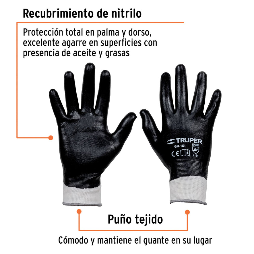 Guantes de poliéster recubiertos de nitrilo, CH, TRUPER Caja con 6, 18025