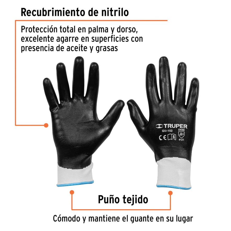 Guantes de poliéster recubiertos de nitrilo, M, TRUPER Caja con 6, 18026