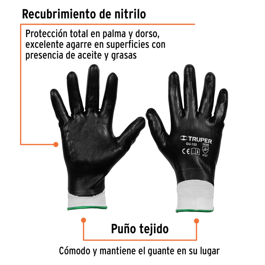 Guantes de poliéster recubiertos de nitrilo, G, TRUPER Caja con 6, 18027