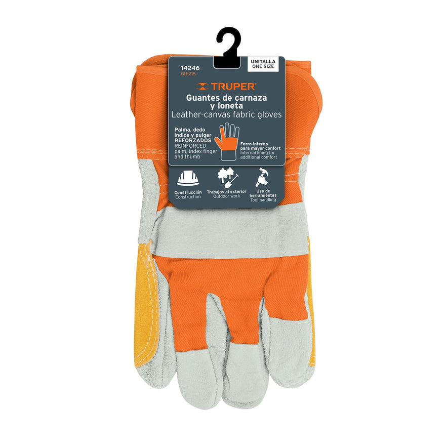 Guantes de carnaza y loneta, con refuerzo, unitalla, TRUPER Caja con 6, 14246