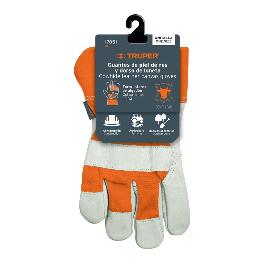 Guantes de piel de res y dorso de loneta, TRUPER Caja con 6, 17051