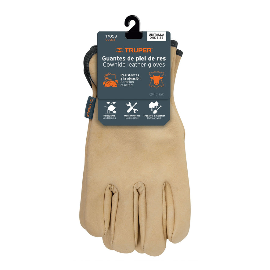 Guantes de piel de res tipo operador, TRUPER Caja con 6, 17053