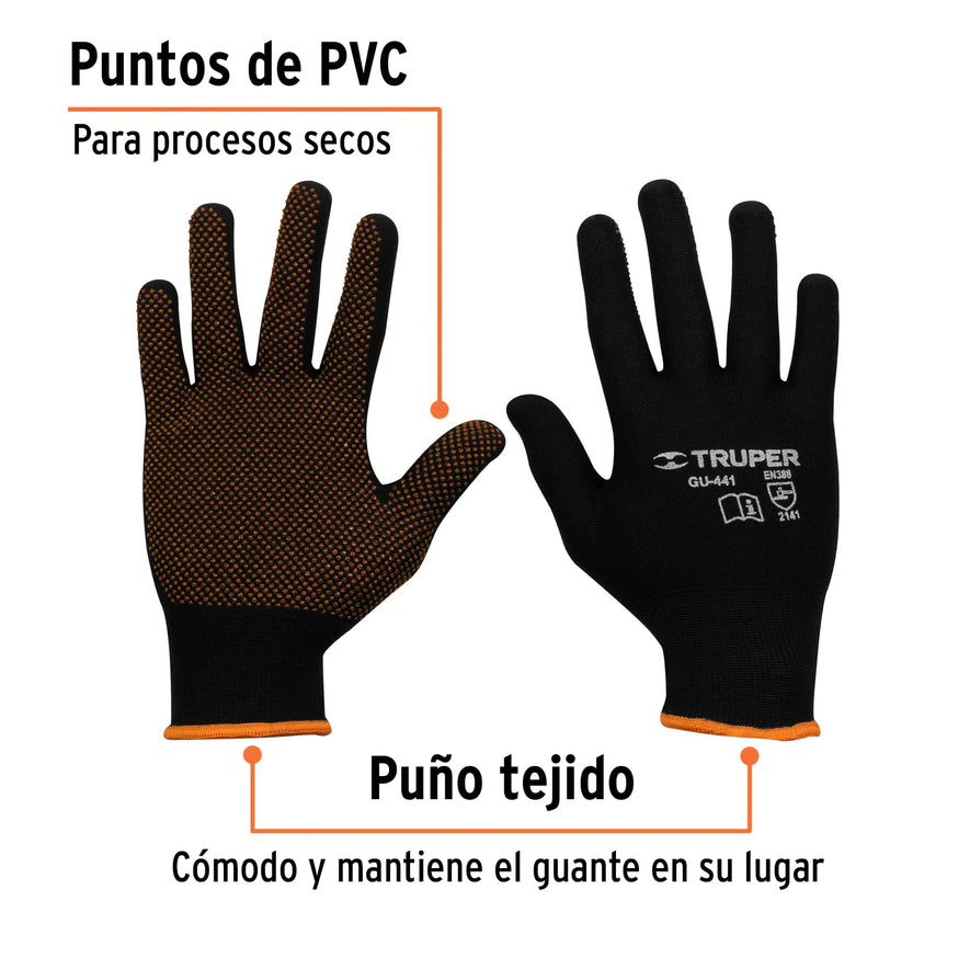 Guantes de poliéster con puntos de PVC en palma, CH, TRUPER Caja con 6, 12650