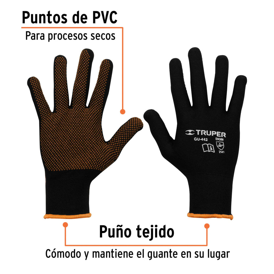 Guantes de poliéster con puntos de PVC en palma, M, TRUPER Caja con 6, 12651